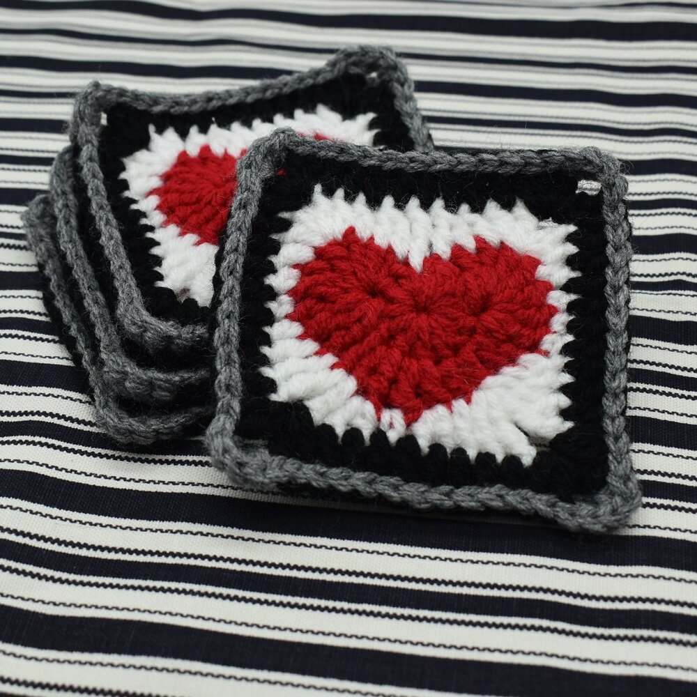 Crochet Heart Coasters Valentines Day Granny Squares Set Of Four Hand Crafted